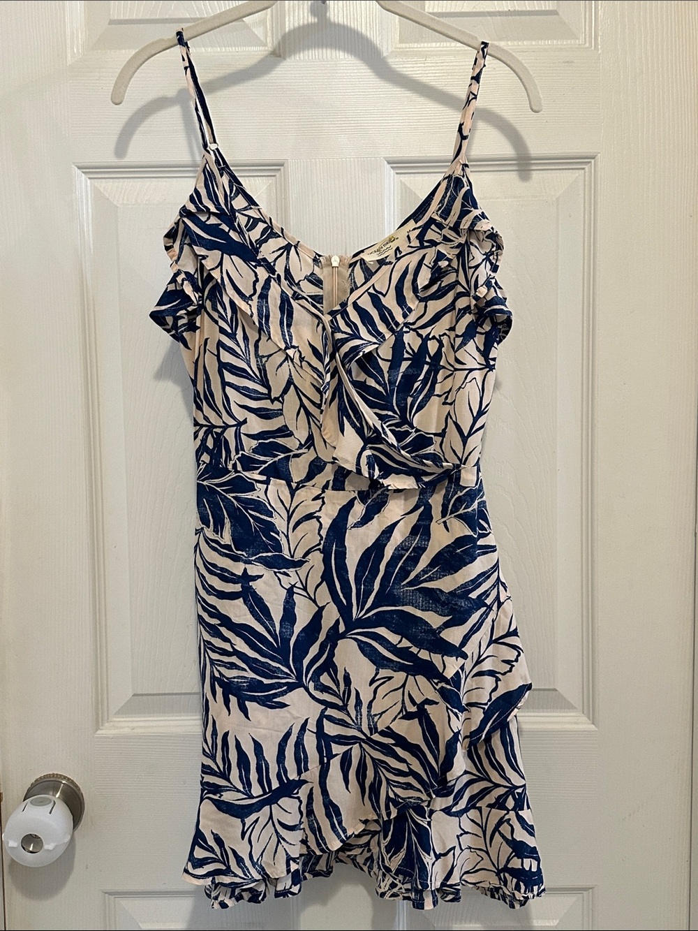 Ocean Drive Navy and Cream Leaf-Print Ruffle Mini Dress